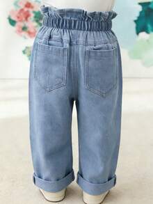 全新不对称心形刺绣休闲日常百搭牛仔裤，适合女婴 - 藍色 - 查看 5