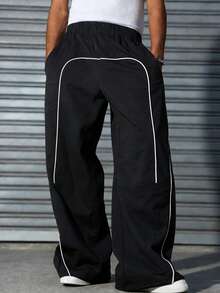 1pc Teen Boy/Teens Minimalist Line Pattern Casual Straight Leg Pants, Easy Care - Black - View 1