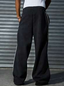 1pc Teen Boy/Teens Minimalist Line Pattern Casual Straight Leg Pants, Easy Care - Black - View 2