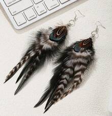 Pendientes largos de plumas para mujer, pendientes colgantes de plumas bohemias, pendientes de plumas naturales, pendientes de plumas negras WNCJ - Z - Ver 11