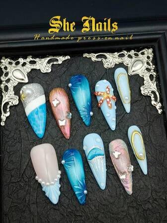 DIY 10pcs Stiletto Nail Set Nail Art,White French,Rose Red Tie Dye,Hand DrawnGeometric Patterns&Brown Spots&Metal Flowers&3D Stereo Water Droplets,3D Stereoscopic Diamond Nail Accessories,Y2k Style Wearable NailArt Set,Suitable For Women To WearDaily Parties (With: A Piece Of JellyGlue And A Friction Strip) Nail SuppliesNails