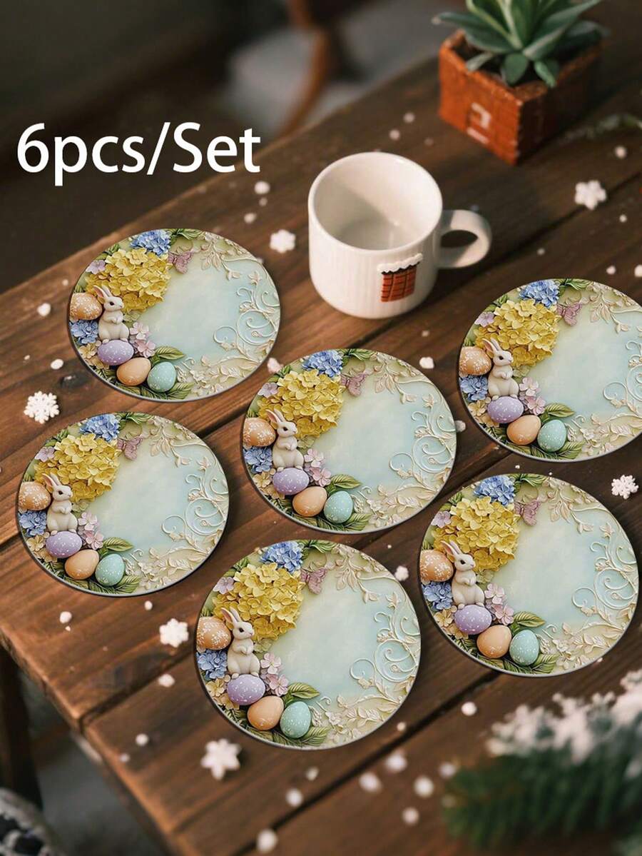 6件套可爱复活节兔子和彩蛋硅胶杯垫 - 耐用家居装饰，适用于厨房/餐厅/客厅 | 完美的复活节派对用品 - 彩色 - 查看 1