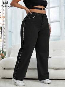 Quần jeans nữ cỡ lớn kiểu boyfriend màu đen, dáng suông, đính đinh tán - Quần denim phong cách đường phố cổ điển. - màu đen - Xem 3