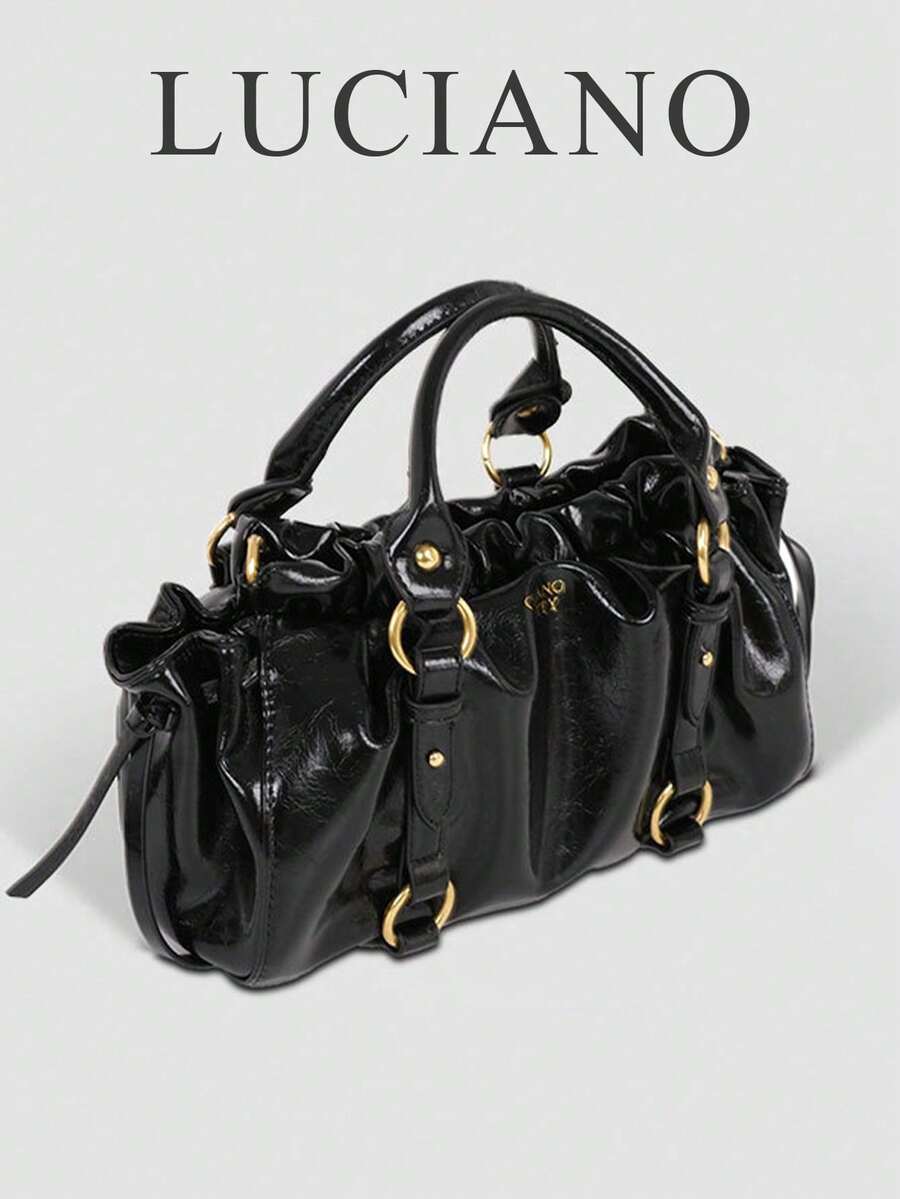 Medium Size Black Vintage Pleated Handbag, French Chic Rivet Sweet & Cool Design Commuter Bag, Suitable For Women, Students, Office Workers. Suitable For Daily Commute, Shopping, School, Travel - Black - View 1