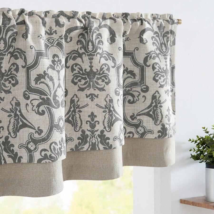 Linen Valance Kitchen Curtain Double Layer 16 Inch Living Room Bedroom Bathroom Window Treatment Blackout Vintage Rustic Farmhouse Cottagecore Rod Pocket 1 Panel On Beige - 巴洛克 | 灰色 - 查看 1