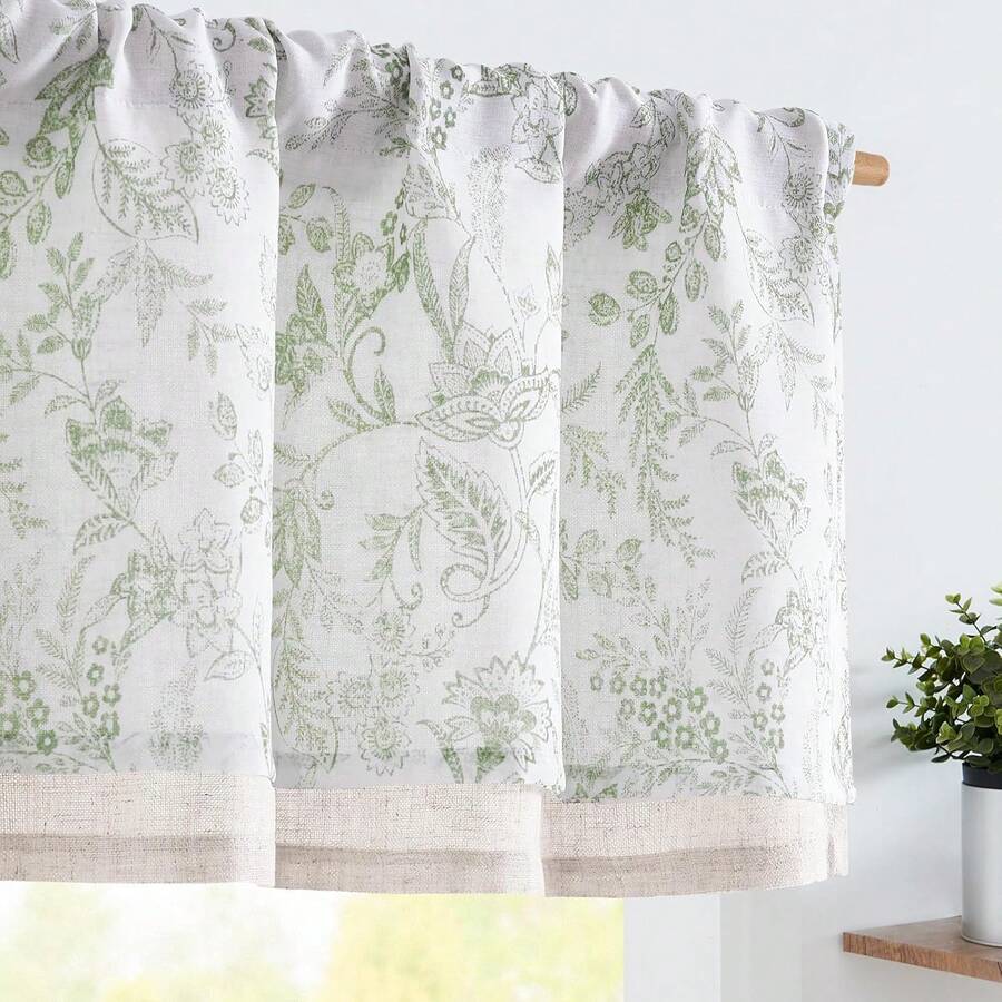 Linen Valance Sheer Double Layer Kitchen Window Curtain Leaf Embroidered Valance Living Room Cafe Farmhouse Filtering Rustic Country Curtain 18 Inch Rod Pocket 1 Panel White Home Decor - Forest | Green - View 1