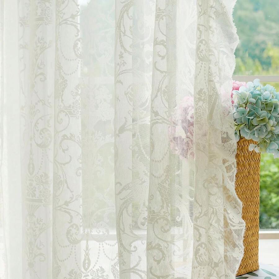 Green Sheer Curtains 108 Inch Long Living Room - Shabby Chic Floral Ruffled Curtains, Elegant Knitted Privacy Rod Pocket, Emerald Green, Spring/Summer, 1 Pair, 59 X 108 Inch - Cream - 查看 1