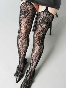 1双蕾丝玫瑰图案镂空网眼过膝袜，镂空设计，适合夏季日常聚会、派对、郊游，也可作为圣诞礼物。 - 黑色 - 查看 3