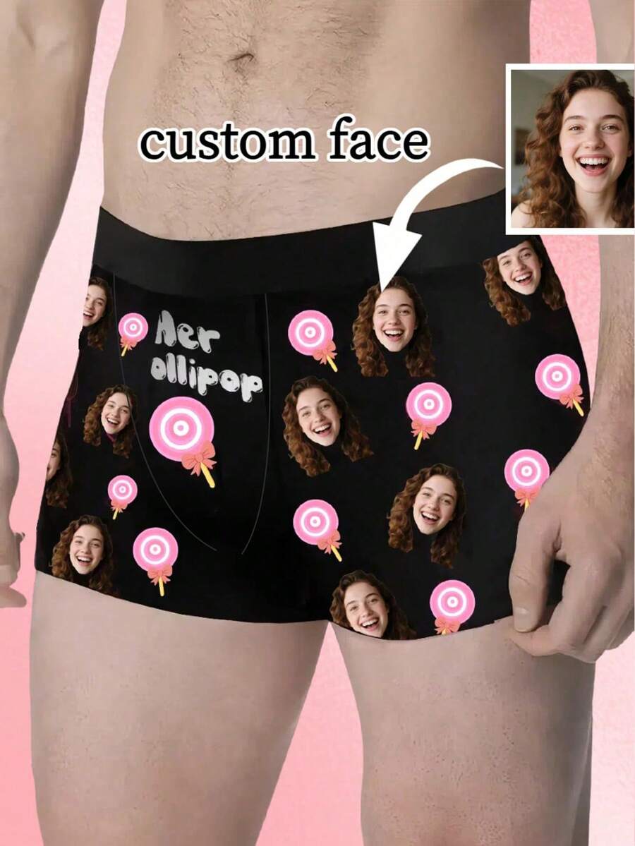 1pc Customized Men's Briefs - Personalized Photo And "Her Lollipop" Candy Design, Customized Men's Underwear | Top Birthday Or Anniversary Gift, Ideal Boyfriend Gift, Customizable Item, Men's Briefs, Men's Underwear, Men's Gift, Adult Thanksgiving Gift, Carefully Selected Versatile Boyfriend Gift - Multicolor - View 1