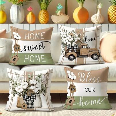 4pcs Modern Throw Pillow Covers, Machine Washable Polyester, Zipper Closure, Woven Decorative Cushion Cases For Various Room Types, Soft Velvet One-Sided Print For Sofa, Bed, Living Room Decor - Without Inserts