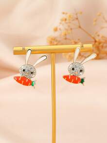 1 Pair Crystal Rabbit & Carrot Stud Earrings, Cute Earrings For Women, Suitable For Daily Wear And Easter Outfit Jewelry - Rabbit Shape - View 3
