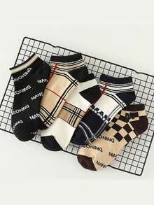 5双/10双装女士短袜，字母条纹图案，优雅法式复古时尚百搭，春夏款 - 彩色 - 查看 11