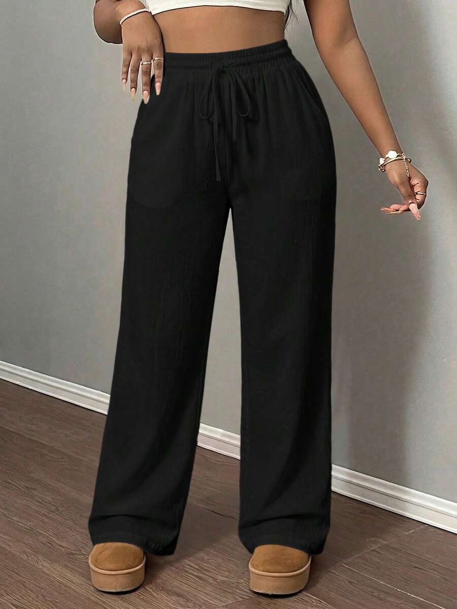 Fashionable And Chic Solid-Colored Linen-Blend Wide-Leg Women's Pants, Loose And Flowing, With A Minimalist Casual Design, Perfect For Beach Days, Brunch, And Summer Wear. - 黑色 - 查看 1