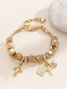 1pc Y2K Charm Bracelet, 1pc Cross Charm Bracelet, Retro Streetwear Fashion Bracelet, 1pc Cross & Heart Charm Bracelet, Glow-In-The-Dark Bracelet - Gold - View 6