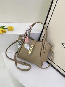 2pcs Spring New Fashion PU 2-Piece Bag Set, Women Handbag With Inner Pouch, Minimalist Commuting Shoulder Bag With Scarf Decor, Suitable For Ladies, Girls, Work Essential, Can Fit Phone, Wallet, Cosmetics - Khaki - View 7