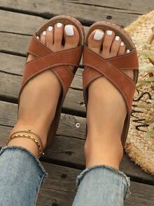 Plus Size Women's Cross-Border 2025 Summer New Hollow Out Solid Floral Open Toe Wedge Comfortable Versatile Lightweight Slide Sandals