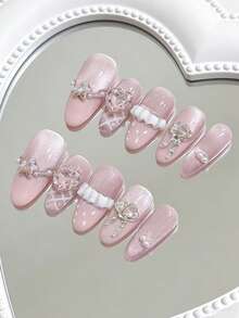 10片杏仁形手工美甲贴纸，适合派对和日常佩戴，粉色美甲，蝴蝶结美甲，易于佩戴的粉色美甲，可爱美甲，情人节美甲，美甲用品，亚克力美甲贴纸，Y2K风格手工美甲贴纸，夏季风格，适合女孩和女士在节日和日常场合佩戴的美甲用品，手工按压式美甲 - 粉色 - 查看 6