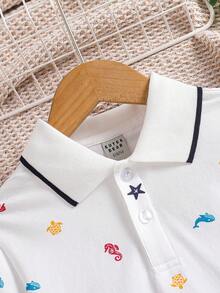 Camisa polo informal con cuello y manga corta con estampado de estrellas para niño preadolescente, para verano - Blanco - Ver 3