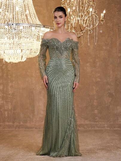 Sequin & Embroidery Decor Sexy Off-Shoulder Long Sleeve Mermaid Hem Bodycon Evening Dress Wedding Spring
