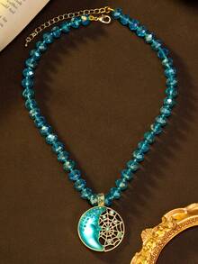 1件复古多层月亮脸、蜘蛛网、几何圆形吊坠优雅长项链，适合女性日常、派对、送礼、舞会配饰 - 藍色 - 查看 5