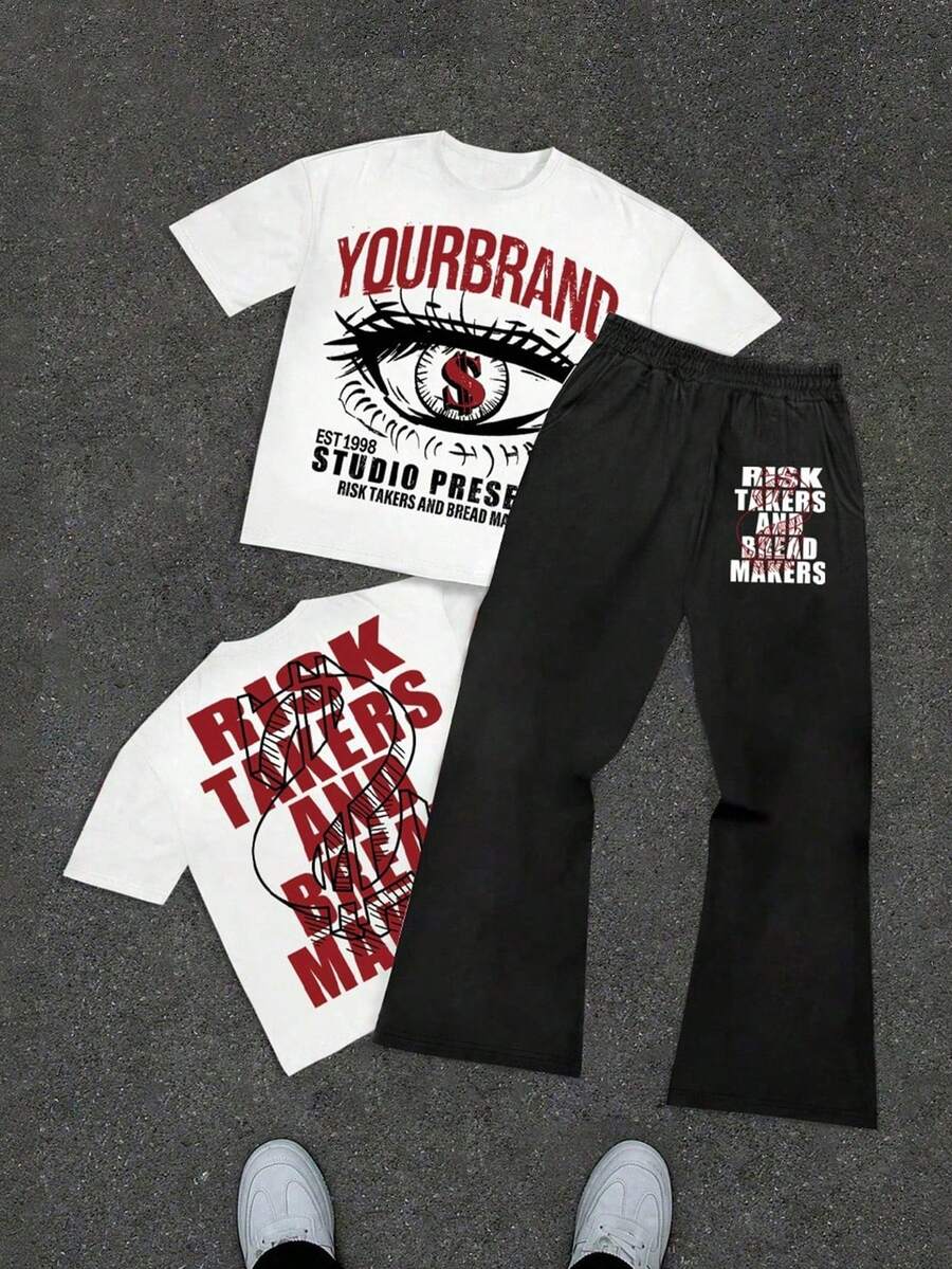 Young Boy Slogan Eye Print Crew Neck Short Sleeve T-Shirt And Long Pants Casual Set - White - View 1