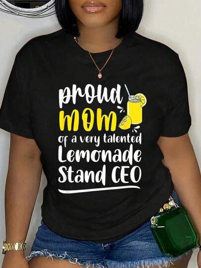 100% Cotton Proud Mom Of A Very Talented Lemonade Stand CEO T-Shirt Short Sleeve Round Neck Casual Top For Summer & Spring, Women's Men's Graphic Tee
