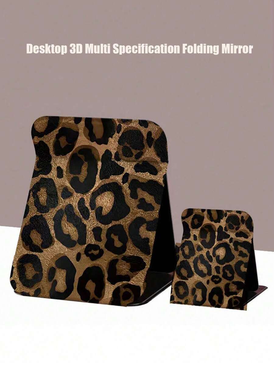 1pc Leopard Print Foldable Vanity Mirror, Large/Small Size For Student Dorm - Multicolor - View 1