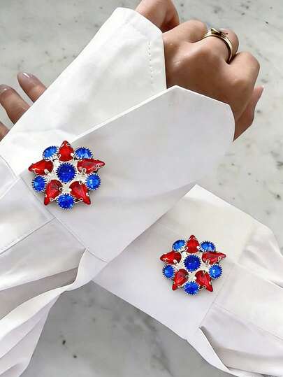 1Pc Fashionable Simple And Luxurious Set With Rhinestones, Red And Blue Geometric Stars Cufflinks, Women's Brooch Button Cover, Fashionable And High-End, Turtle Buckle, Cinch Clip, Tie Clip, Women's Accessories, Women's Party Light Luxury Show Temperament Clothing Cuff Cover, Suitable For Daily Use, Friend Gift, Couple Gift, Family Gift