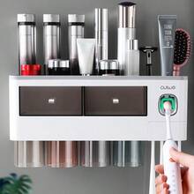 1pc Toothbrush Holder With Gargle Cup, Wall Mounted Toothbrush Storage Rack, With Toothpaste Dispenser And Cosmetic Drawer, Toothbrush Storage Organizer, Bathroom Multifunctional Toothpaste Toothbrush Container, Bathroom Accessories, Home Decor Home Bathroom Decor Fall Decor Back To School