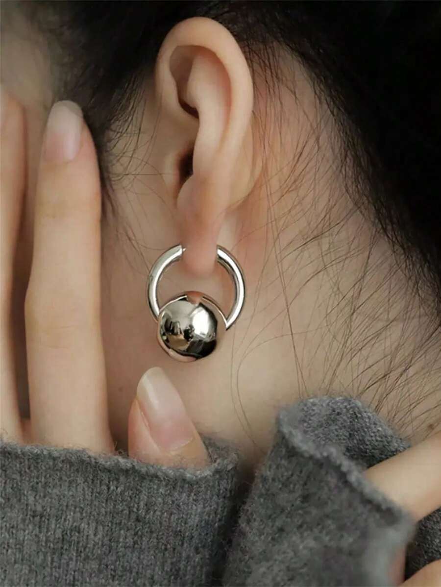 AZJP Stainless Steel Hoop Earrings For Women Smooth Ccb Ball Tipped Unique Design High End Fashion Versatile Daily Wear Party Jewelry Accessories - Bạc - Xem 1