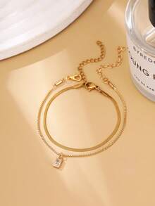 2pcs Minimalist Square Cubic Zirconia Multi-Layer Bracelet, Elegant & Suitable For Women's Daily Wear - Yellow Gold - View 5