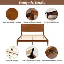 King Size Bamboo Platform Bed, Mid-Century Modern Bed Frame With Tall Headboard, Solid Bedframe King-Size, Wood Slat Support, No Box Spring Needed, Easy Assembly, Noise Free, Brown - Màu Khaki - Xem 4