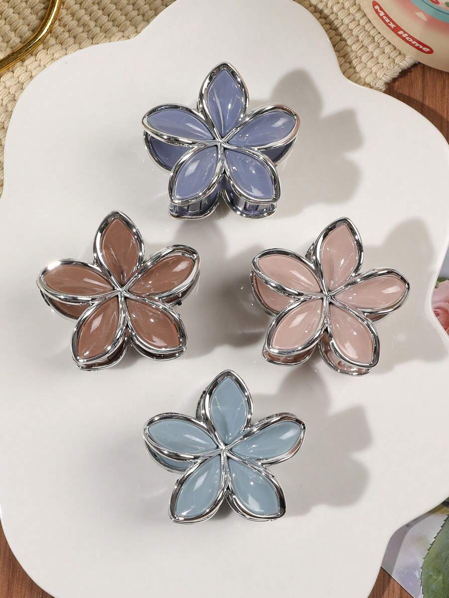 4个波西米亚风亮面莫兰迪色金属边雏菊发夹，优雅简约设计，适合海滩度假女士发饰，时尚优雅发爪夹 - 彩色 - 查看 1
