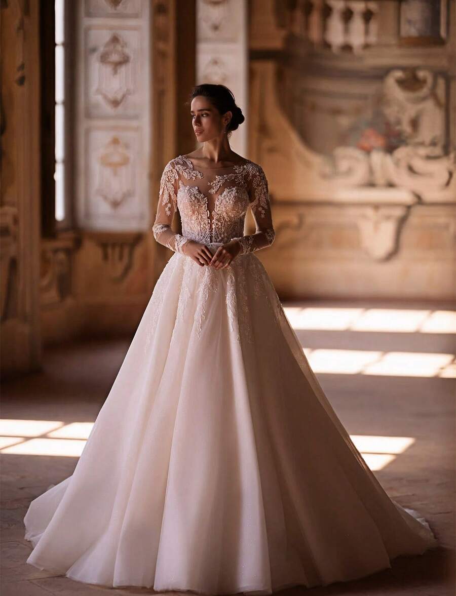 Sophisticated Crew Neck Long-Sleeve Wedding Dress With Lace Panel Detailing And Graceful A-Line Silhouette – An Elegant Ivory Floor-Length Gown Featuring Delicate Lace Insets, Flowing Full Skirt, And Timeless Design, Perfect For Wedding Ceremonies, Holiday Celebrations Including Christmas Galas And Halloween Events, Formal Balls, Prom Nights, Birthday Soirées, Anniversary Dinners, Bridal Showers, Honeymoon Getaways, Evening Parties, Graduation Banquets, Homecoming Dances, Cocktail Receptions, And As A Stunning Guest Outfit For Special Occasions. This Classic A-Line Design Combines A Modest Crew Neckline With Elegant Long Sleeves, Intricate Lace Accents, And A Graceful Skirt For A Truly Enchanting And Feminine Look. - 白色 - 查看 1