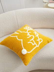 1pc Easter Bunny & Carrot Embroidered Decorative Pillow Cover, Made Of Granular Teddy Plush Fabric With Handmade Pom Poms, Ideal For Home Sofa Decor, Bedroom, Chair, Car Accessories, Pillow Insert Not Included - Multicolor - View 4