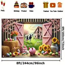 2D平面复活节农场场景涤纶横幅,单件装 - 鲜艳的粉色谷仓和向日葵,点缀着兔子、小鸡和复活节彩蛋 - 春夏秋三季室内外背景,适用于复活节派对装饰、乡村风格家居花园装饰 - 涤纶面料,色调柔和,充满乡村魅力,高品质印刷,耐候材料,节日庭院装饰,季节性装饰品 - 1件 - 查看 4