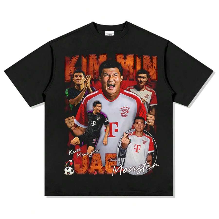 20262026 Nueva Camiseta de Algodón Puro Estampada de Kim Min-jae Y2K Moda Deportiva de Verano Camiseta Casual de Manga Corta para Hombres y Mujeres - Negro - Ver 1