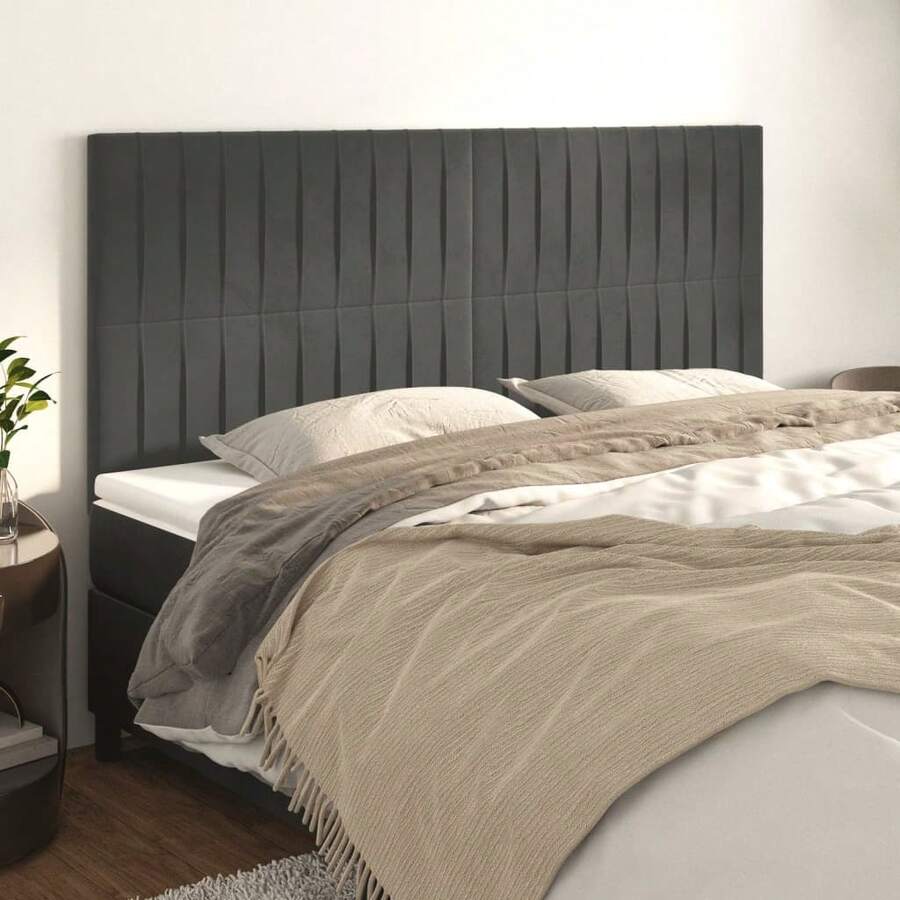 vidaXL Tête de lit Gris foncé 200 x 5 x 118/128 cm velours - Gris - Voir 1