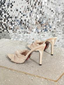 Women's Fashion Pleated Twist Pointed Toe One-Strap Stiletto Heel Sandals, Elegant Romantic Comfortable Versatile High Heel Slides - Khaki - View 7