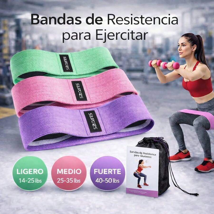Bandas de Resistencia Profesionales – Set de 3 Bandas Antideslizantes de Tela – Ligera Media y Alta – Ideal para Entrenamiento en Casa y Gym - Multicolor - Ver 1