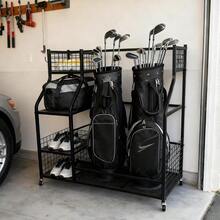 Sports Equipment Organizer, Golf Ball Storage Rack & Golf Bag Holder For Garage, With Storage Basket And Hooks, Indoor Outdoor Toy Ball Organizer For Golf Clubs, Basketball, Toys - Default - View 8