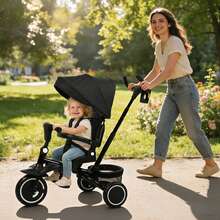 Kinder King Kids Trike Tricycle For Toddlers 1-3, 8 In 1 Folding Toddler Trike W/1-Step Brake, Adjustable Push Handle, Rotatable Seat, Adjustable Canopy, Bell, 5-Point Harness, Storage, Black - Black - View 3