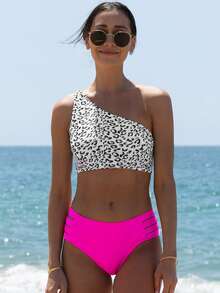 popvil Bộ bikini nữ mùa hè đi biển, gồm áo in họa tiết da báo và quần tam giác khoét lỗ màu trơn. - Nhiều màu - Xem 1