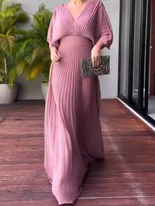 Dresses For Women,Women's Fashionable And Elegant Solid Color Pleated V-Neck Batwing Sleeve High Waist Full Skirt Long Dress - 粉紅色 - 查看 2