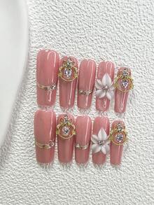 10 Stücke romantische elegante Nagel-Aufkleber, rosa Glitzer-Nagelfolien mit glänzendem goldenem Anhänger, dekoriert mit rosa Strass und handgefertigten weißen 5-Blüten-Blumen. 3 Stile erhältlich: mandelförmig, quadratisch, Entenschnabel. Enthält Werkzeugsatz (1 Gelee-Aufkleber + 1 Nagelfeile). Geeignet für Frauen und Mädchen, für tägliche Fotos, Partys, Hochzeiten Nägel - Verschiedenfarbig - Übersicht 16