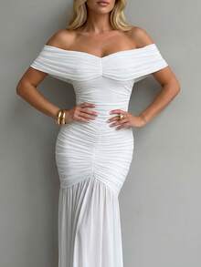 Foldover Off Shoulder Ruched Cinched Waist Minimalist Evening Dress Slim Fit Mermaid Hem Party Dress - 白色 - 查看 1
