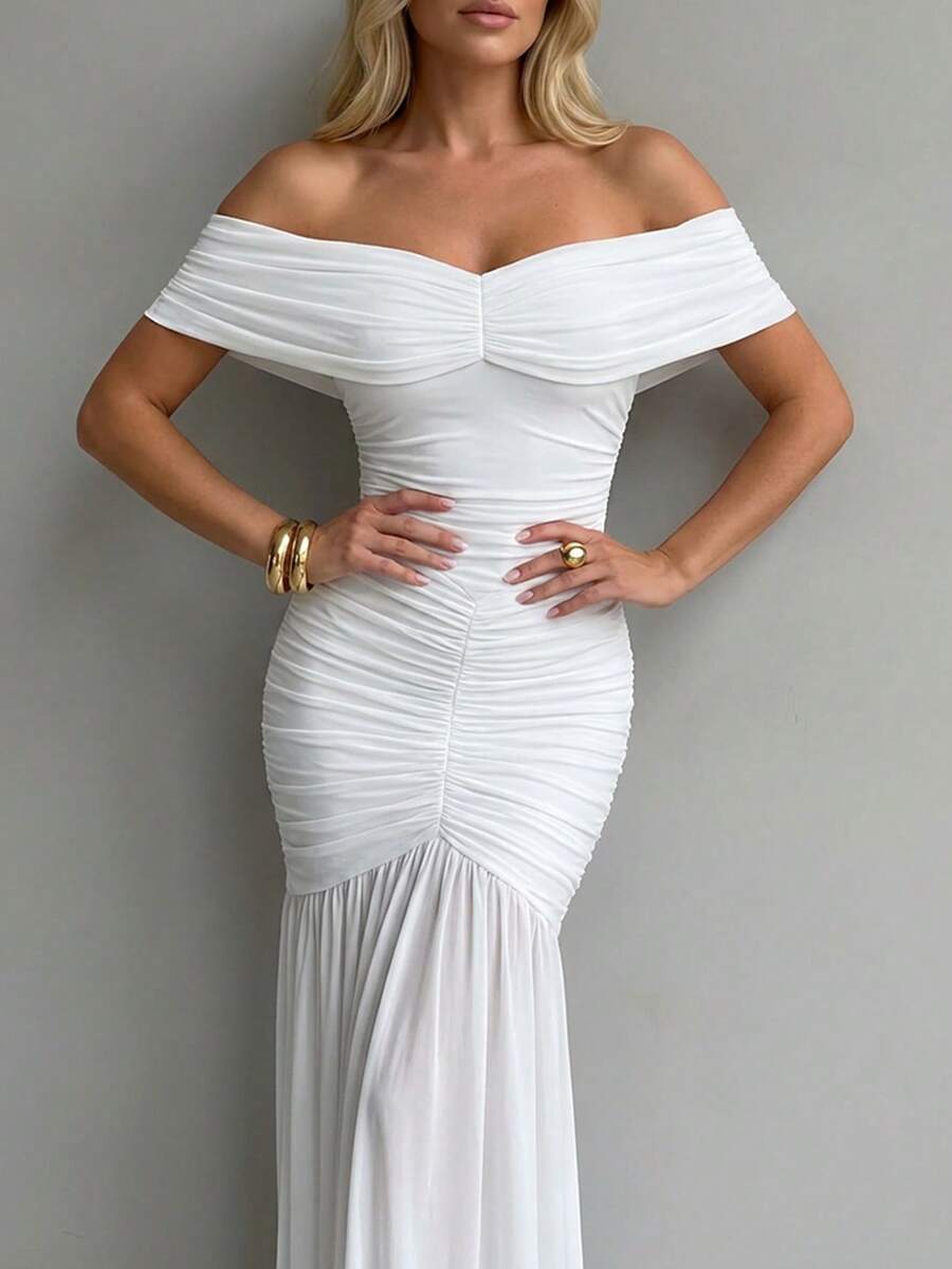 Foldover Off Shoulder Ruched Cinched Waist Minimalist Evening Dress Slim Fit Mermaid Hem Party Dress - 白色 - 查看 1