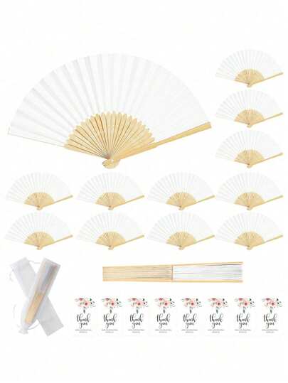 白色优雅折扇套装，手持纸扇，DIY便携式竹扇，包含感谢卡和礼品袋，新娘竹制手持折扇，适合伴娘礼物和婚礼装饰，完美适用于派对和活动，派对表演拍照道具，完美的夏季配饰，办公室装饰