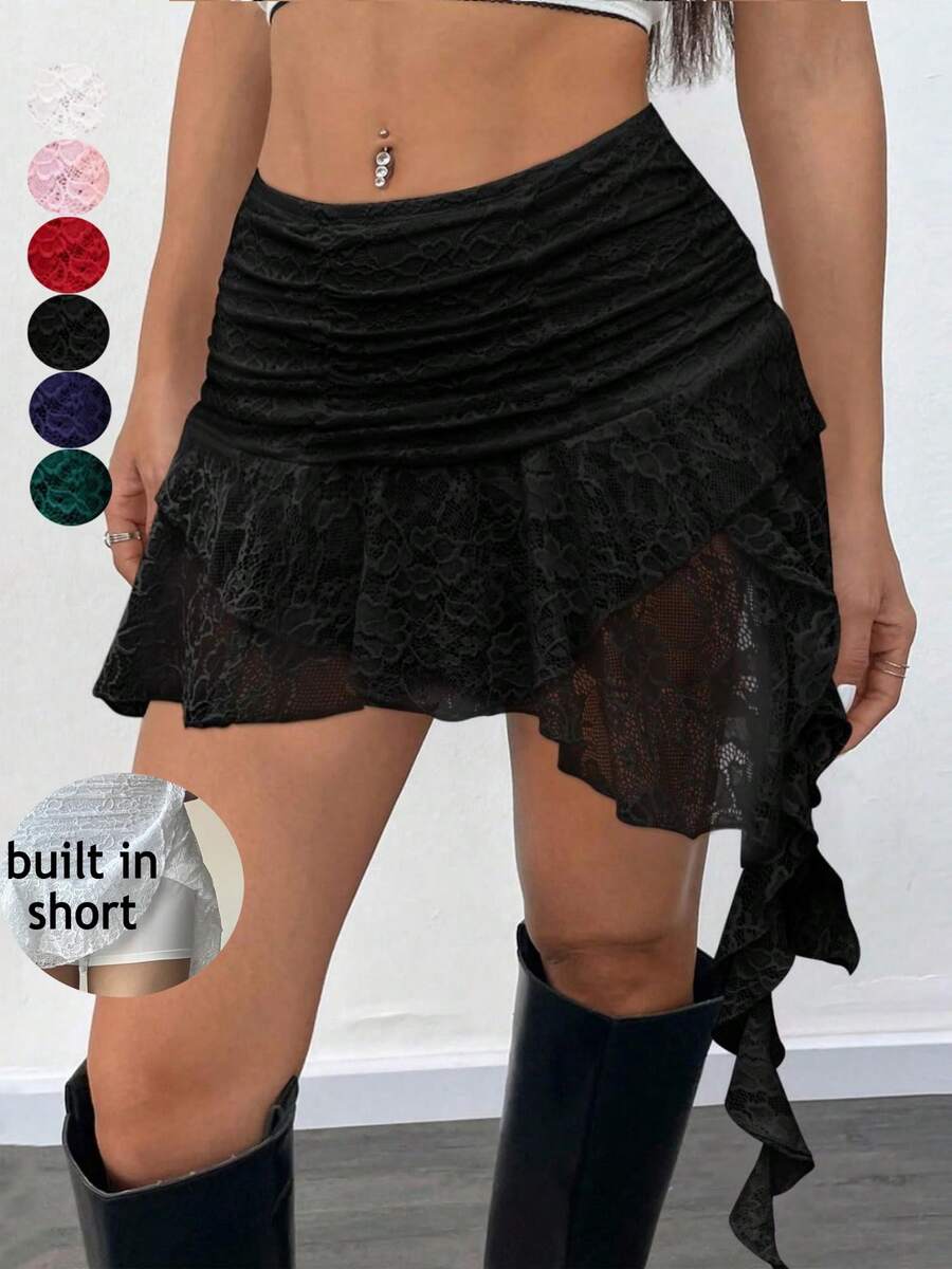 Women Summer Black Lace Mini Skirt With Shorts- Low Rise Y2K Pleated Ruffle Fairy Skirt Chic Layered Asymmetrical Half Slip Skirts For Sports, Party, Vacation, Valentine's Day Outfit - 黑色 - 查看 1