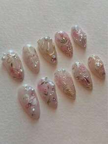 10Pcs Handmade European & American Style Nail Stickers With Heart, Star, Pearl, Bow Decor - Glossy Nude & Black Dual Color, Short Almond Shape, Elegant Design Artificial Nails Suitable For Women & Girls. Includes 1Pc Gel Polish & 1Pc Nail File. Valentine'S Day Press On Nails Nail Supplies Nails(Random Delivery) - 隨機的 - 查看 2